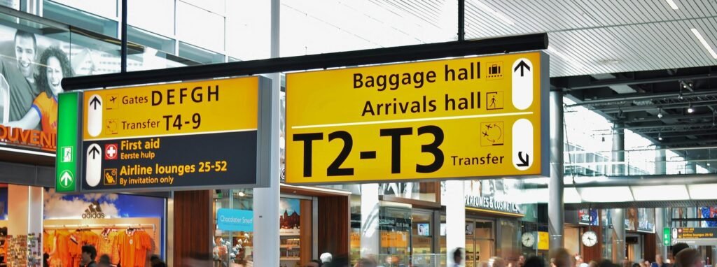 Crowded airport with motion blur and clear signage indicating baggage and arrival halls.
